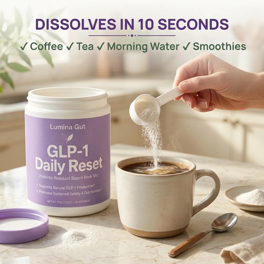 Lumina Gut GLP-1 Daily Reset powder mixing into coffee